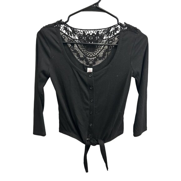 No Boundaries Tie Button Front Lace Back Top Black Ribbed 3/4 Sleeve Grunge - Picture 1 of 8